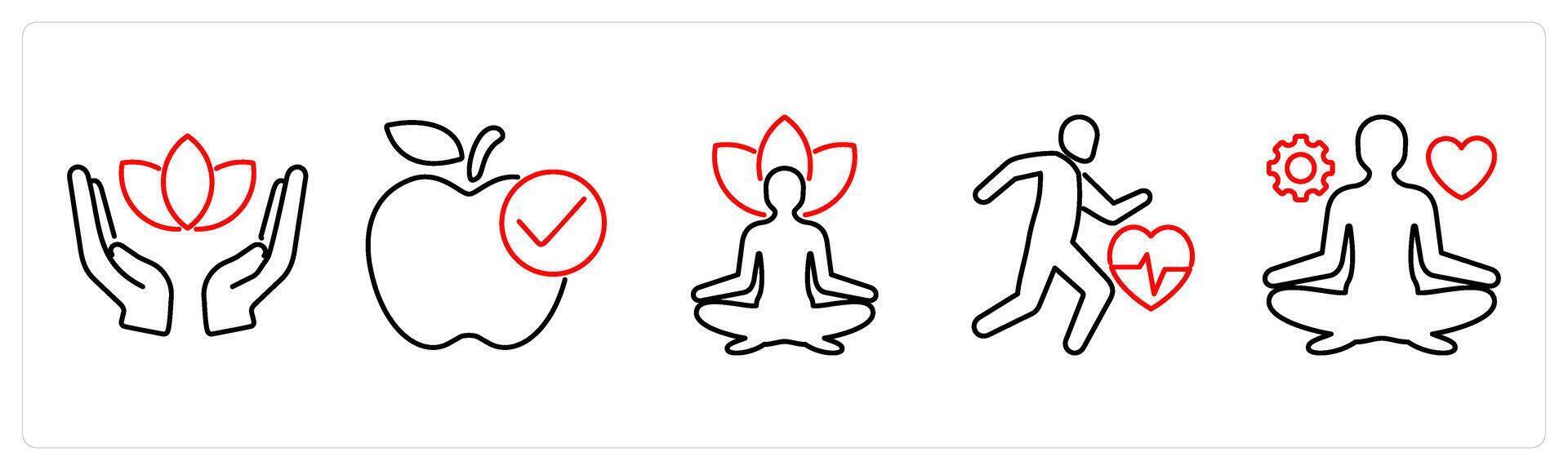 5 mix icons as medidation, dietary food, yoga in red bold vector