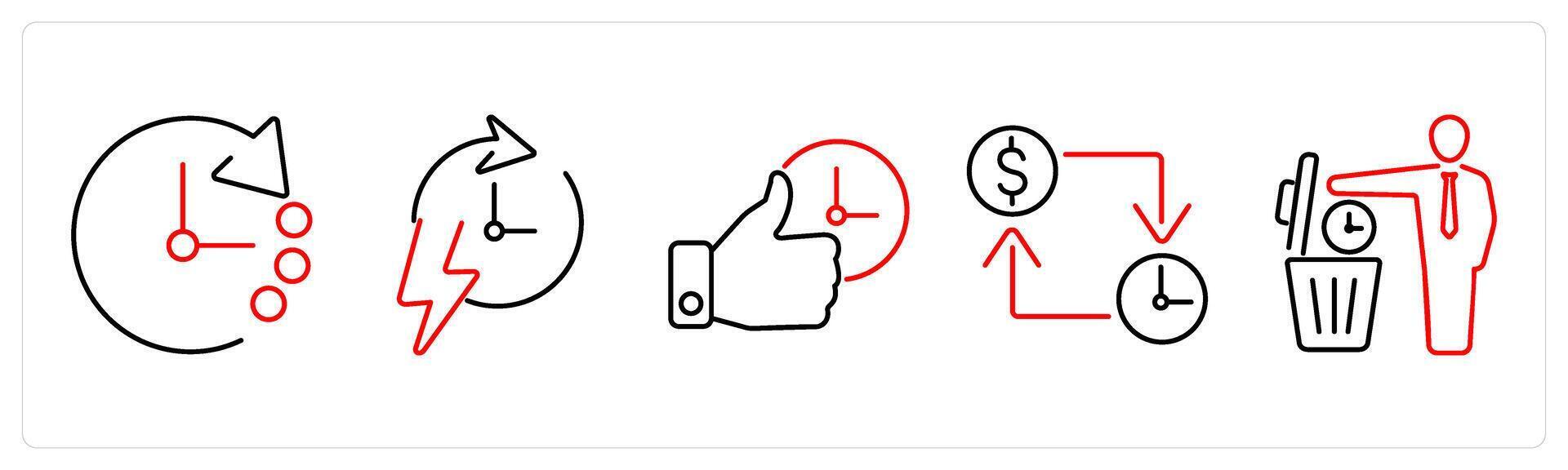 5 mix icons as refresh time, rapid, punctuality in red bold vector