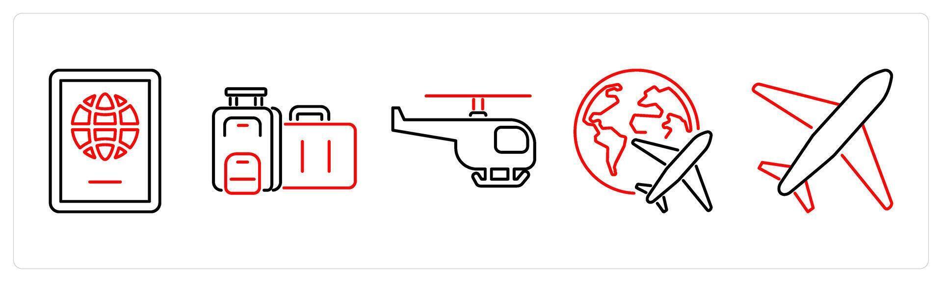 5 mix icons as passport, suitcase, helicopter in red bold vector