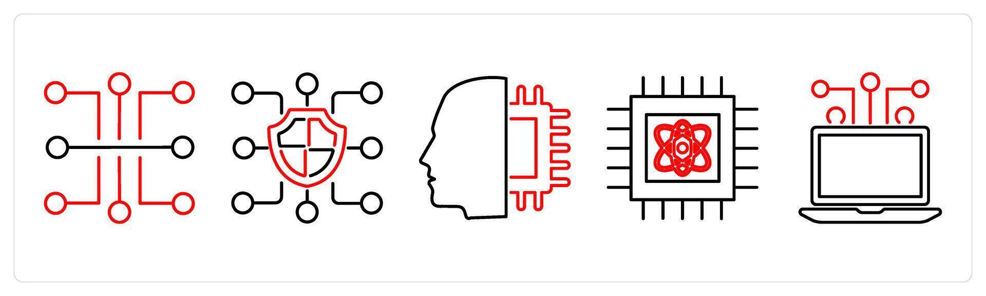 5 mix icons as circuit, blockchain, artificial intelligence in red bold vector