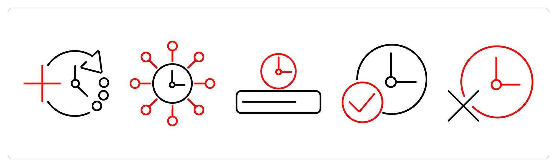 5 mix icons as add time, time management, time line in red bold vector