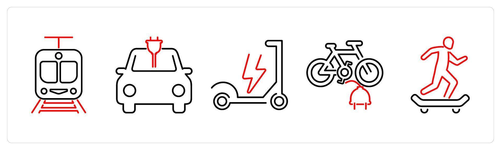 5 mix icons as electric train, electric car, electric scooter in red bold vector