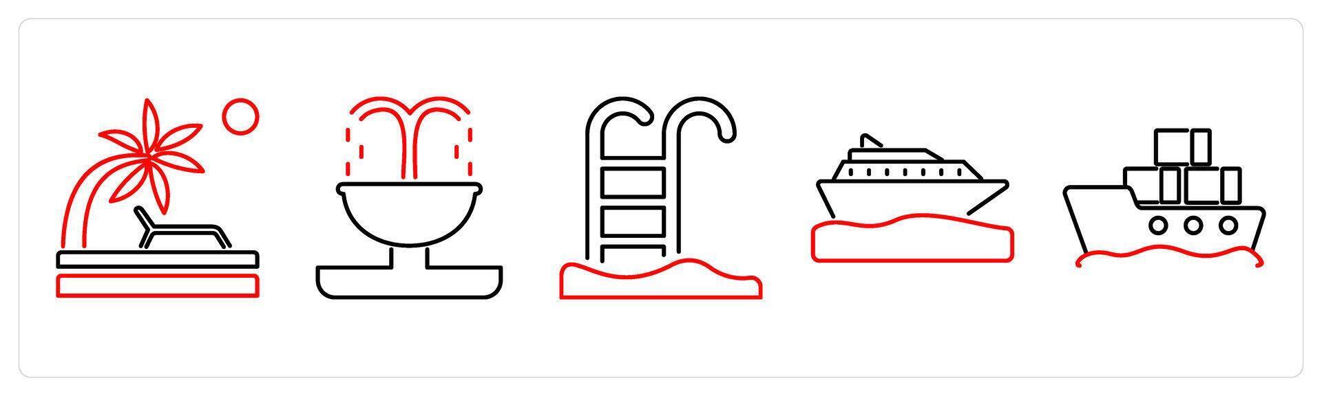 5 mix icons as beach, fountain, swimming pool in red bold vector
