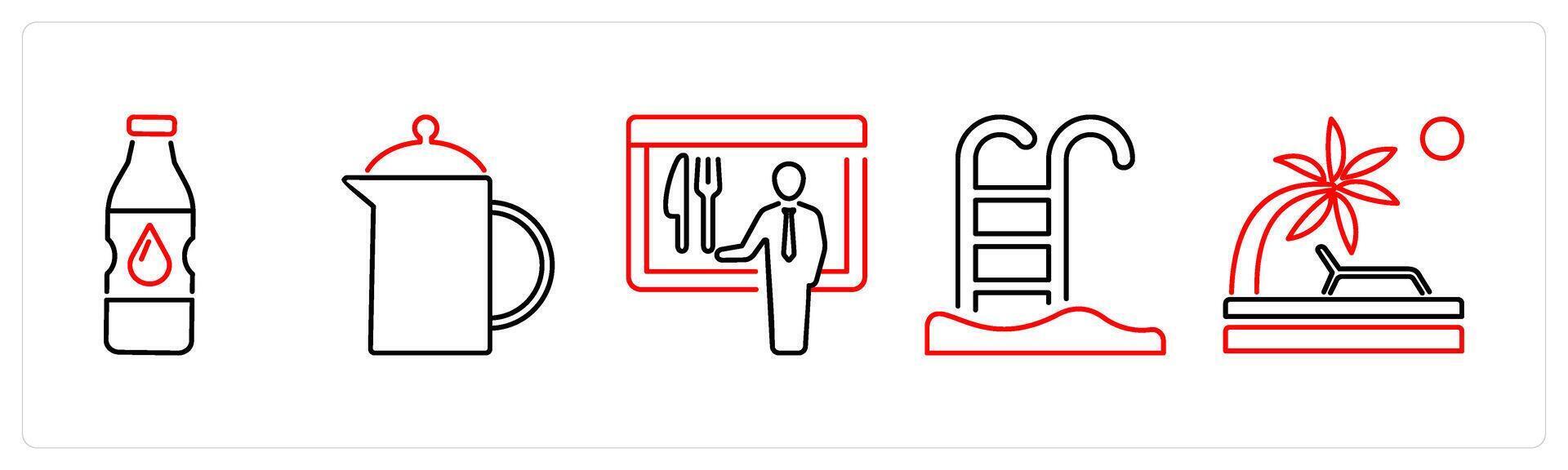 5 mix icons as water bottle, jug, menu in red bold vector