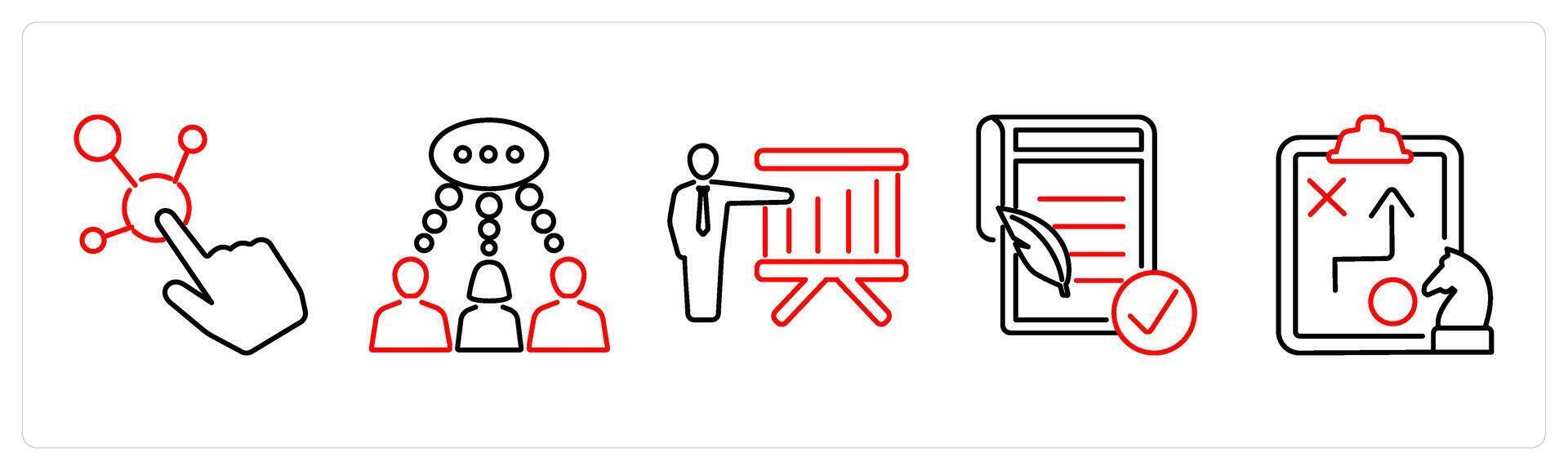 5 mix icons as interactive, conversation, board presentation in red bold vector