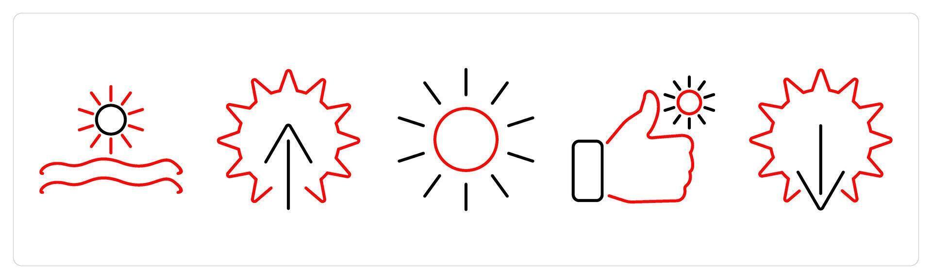 5 mix icons as morning view, sunrise, sun in red bold vector