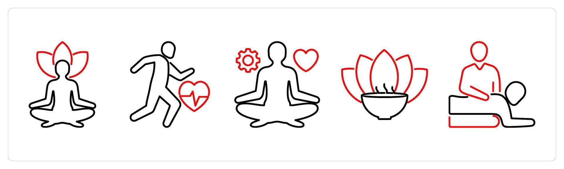 5 Mix icons as yoga, exercise, stress management in red bold vector