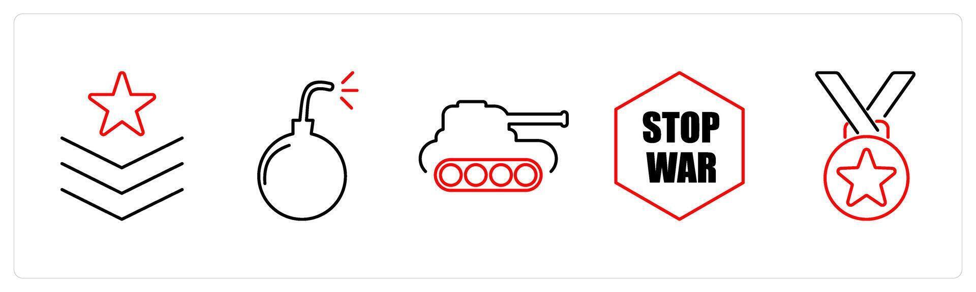 5 Mix icons as army badge, bomb, tank in red bold vector