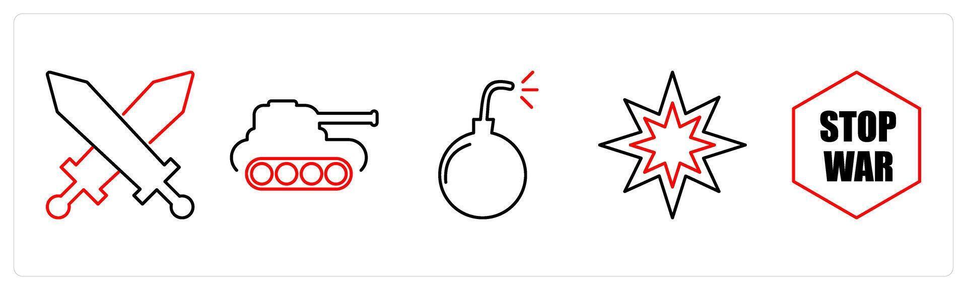 5 Mix icons as battle, tank, bomb in red bold vector