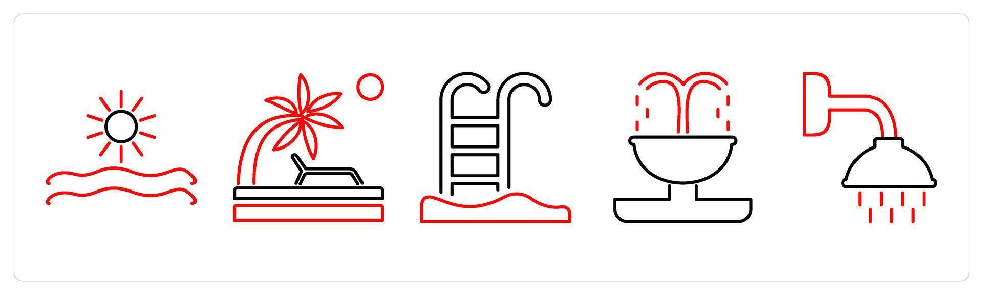 5 Mix icons as morning view, beach, swimming pool in red bold vector
