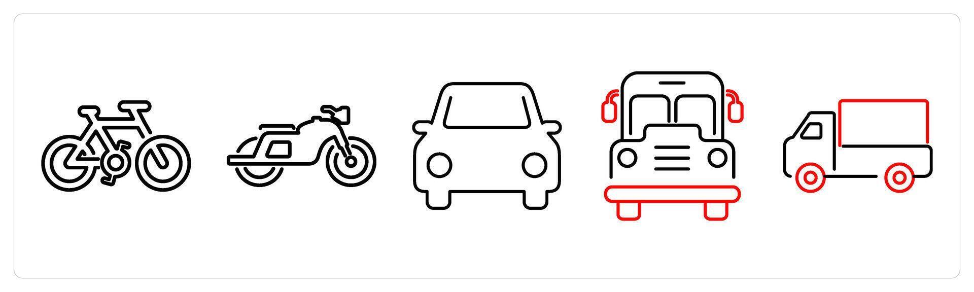 5 Mix icons as bicycle, bike, car in red bold vector