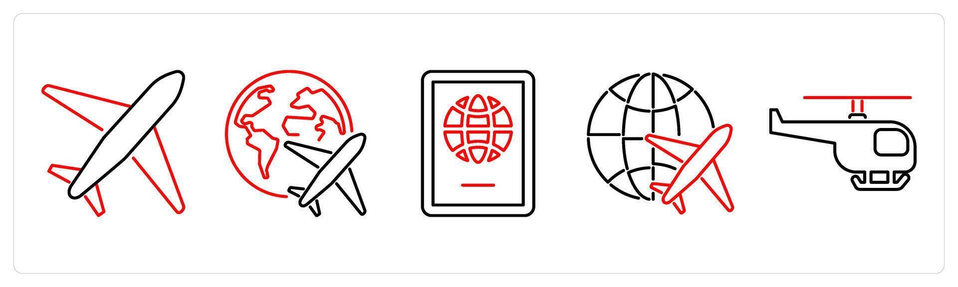 5 Mix icons as plane, travel, passport in red bold vector