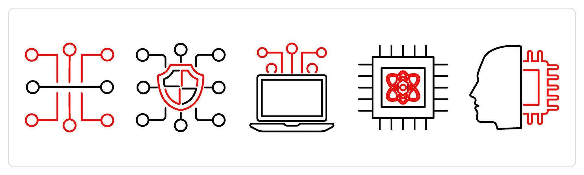 5 Mix icons as circuit, blockchain, computing in red bold vector
