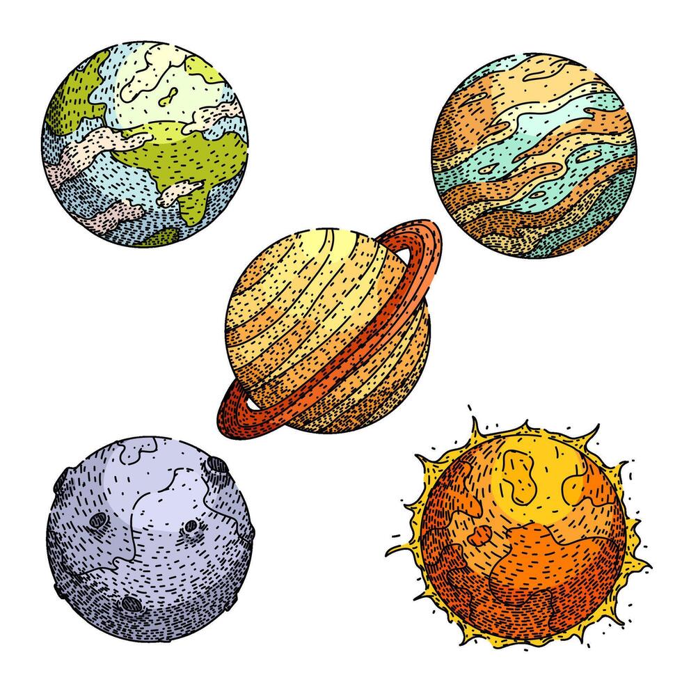 planet set sketch hand item vector