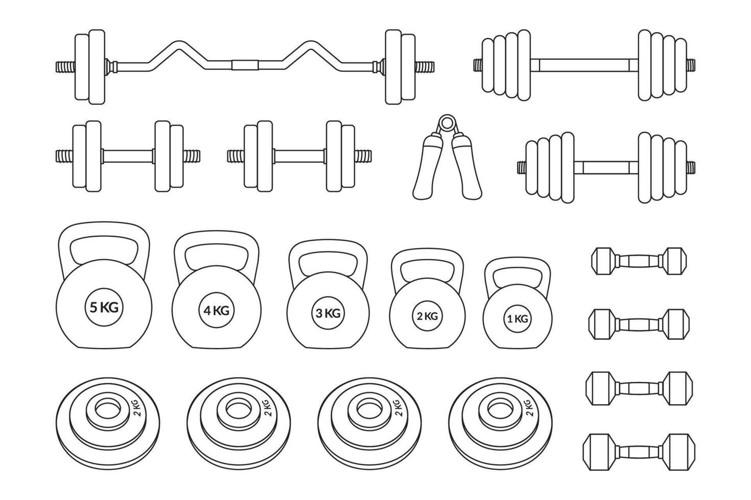 Outline illustration showcasing fitness equipment weights and exercise tools for strength training. vector