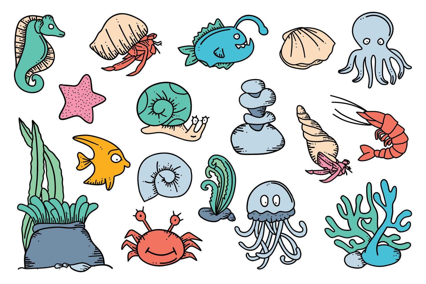 Whimsical sea life illustration displays various marine creatures in a fun, cartoon style design. vector