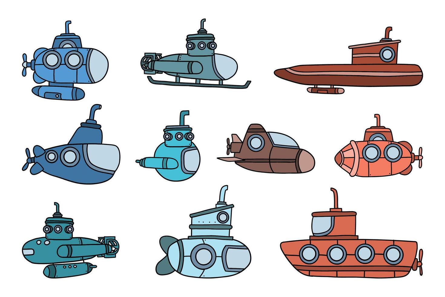 Collection of fanciful submarines are isolated on white, playful, cartoon underwater vehicles vector