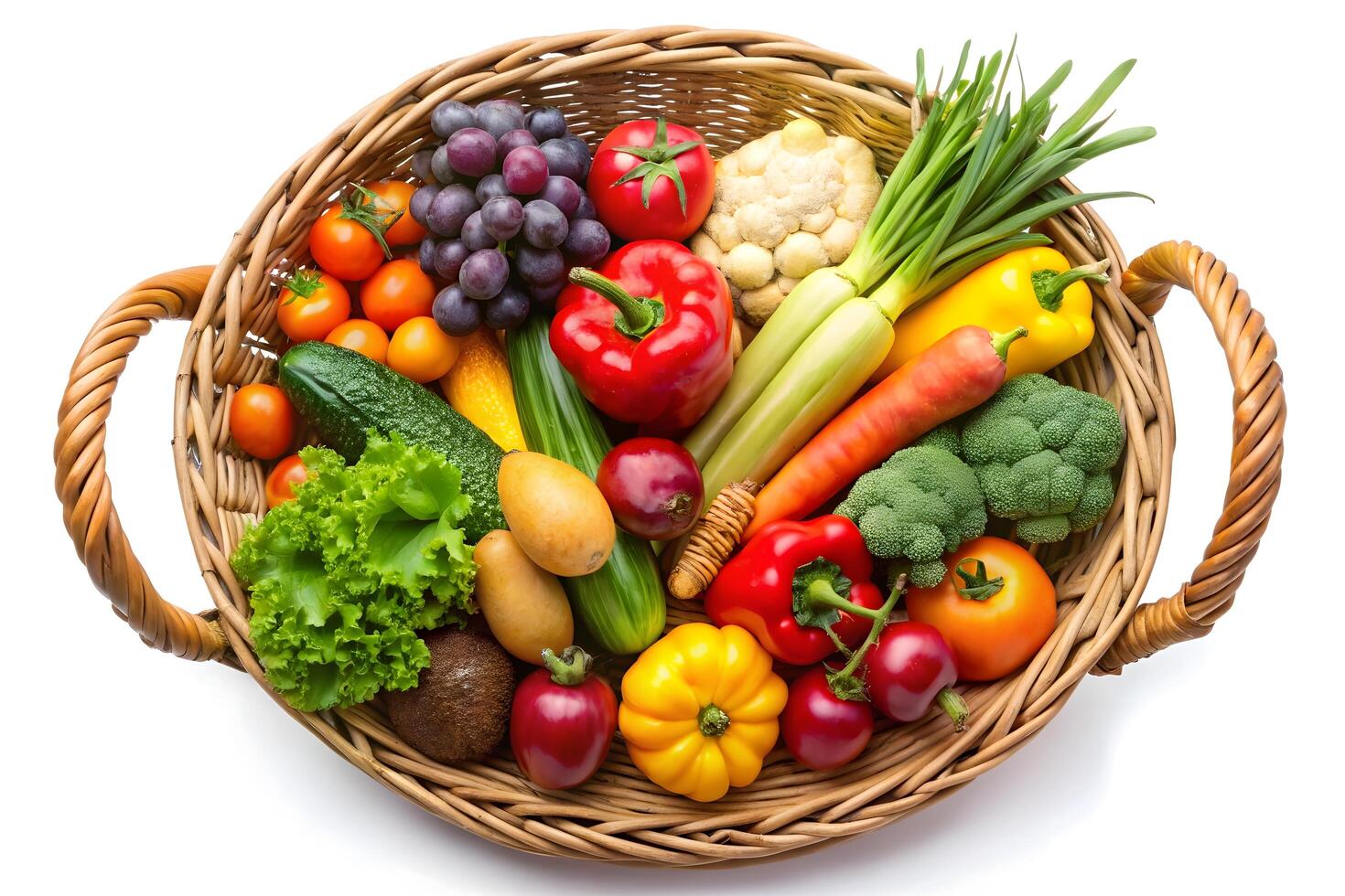 Colorful assortment of fresh fruits and vegetables in a woven basket. photo