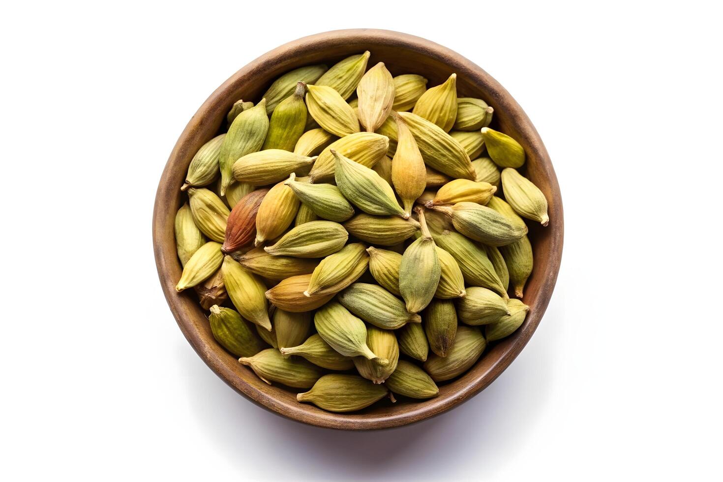 Fresh Cardamom Pods in Wooden Bowl, Ready for Culinary Use photo