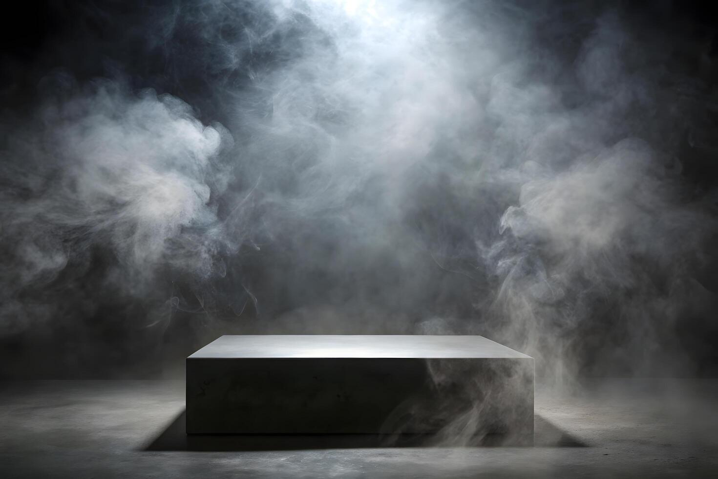 Illuminated podium with smoke and fog for product presentation photo