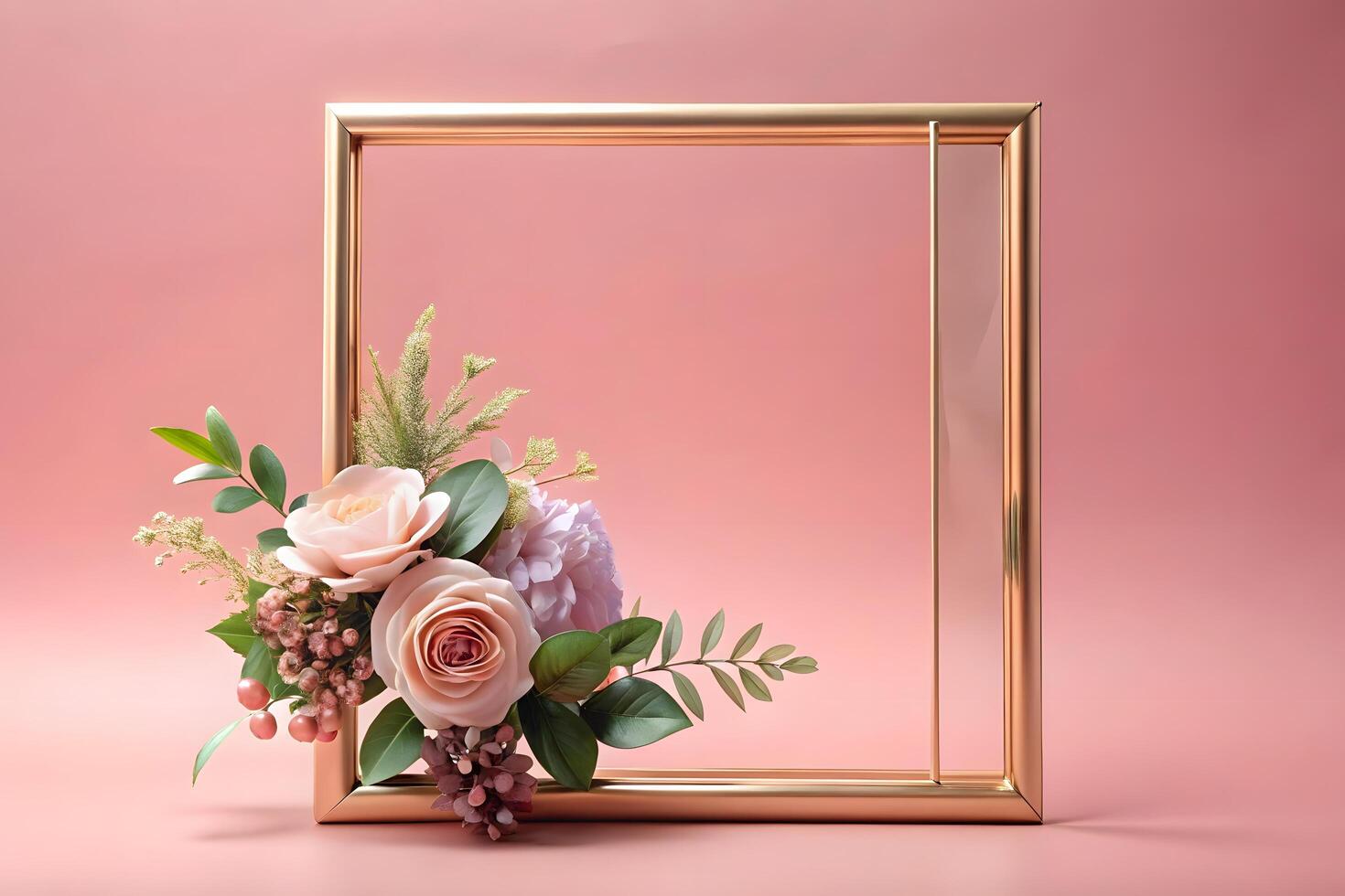 Elegant floral arrangement with roses and golden frame on pink backdrop photo