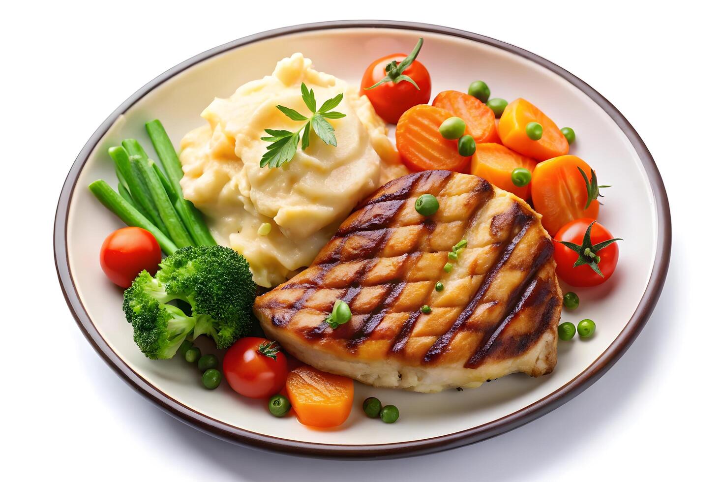 Delicious Grilled Chicken with Mashed Potatoes and Vegetables photo