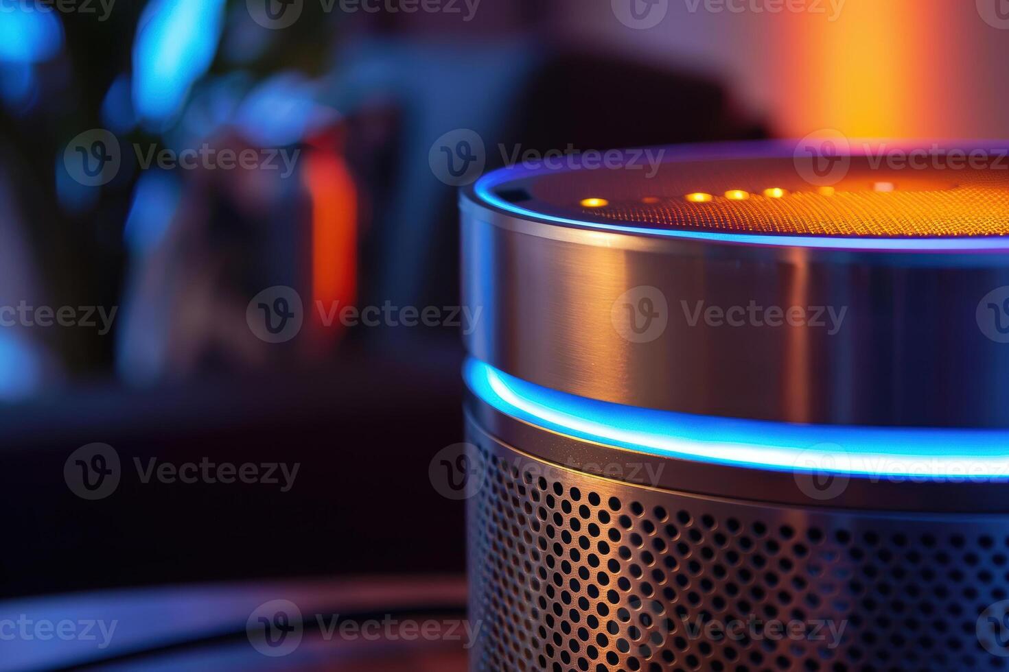 Smart Speaker with LED Lighting in a Modern Living Room Setting for Home Automation photo