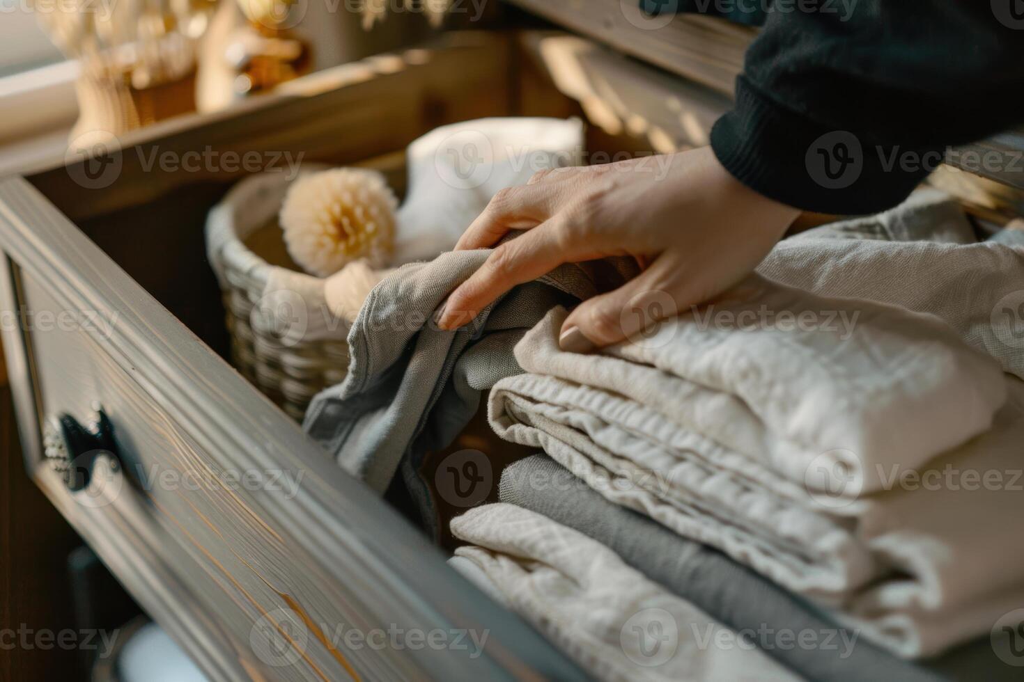 Organizing Linen Clothes in Drawer with Soft Focus Home Accessories for Neat Home Decor photo