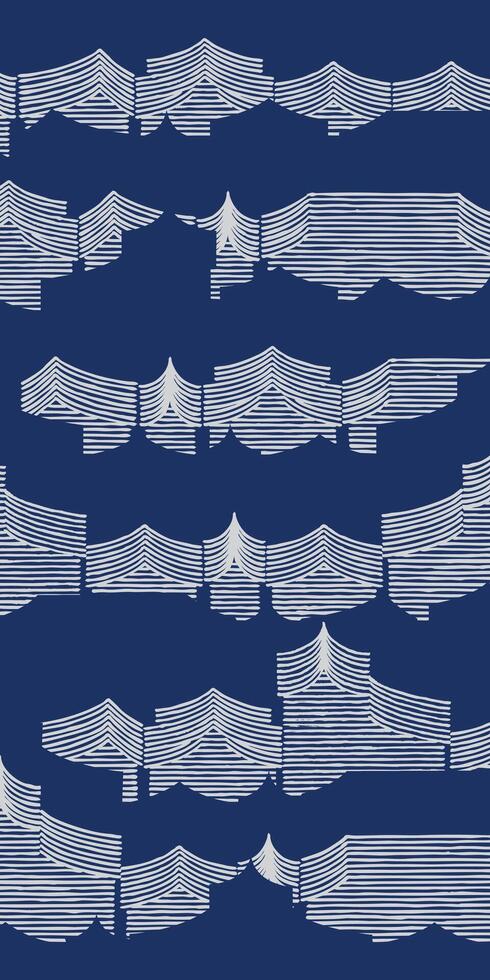 Hand drawn brush lines and silhouette abstract houses and buildings pattern in white and blue, Japanese folk and ethnic wood carving, block print texture vertical background, irregular graphic vector