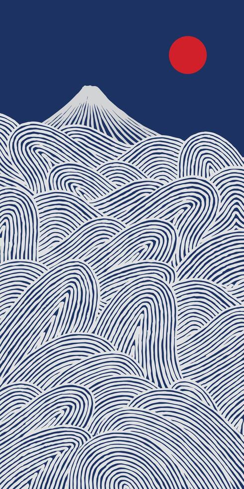 Hand drawn brush lines abstract waves and water with Fuji mountain background, Japanese folk wood carving, block print texture pattern in white and blue, handcrafted graphic for textile, decoration vector