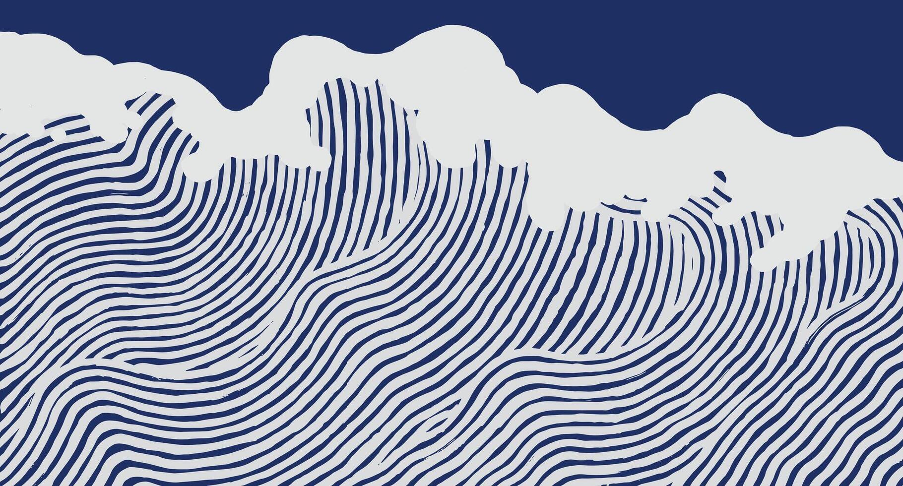 Hand drawn brush lines abstract big waves in the ocean pattern, Japanese and ethnic wood carving texture background in white and blue, simple graphic for textile, carpet, decoration vector