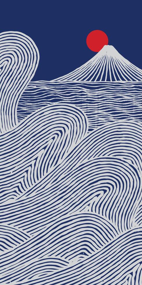 Hand drawn brush lines abstract waves and ripples with Fuji mountain in the background, Japanese folk wood carving, block print texture pattern in white and blue, handcrafted graphic for decoration vector