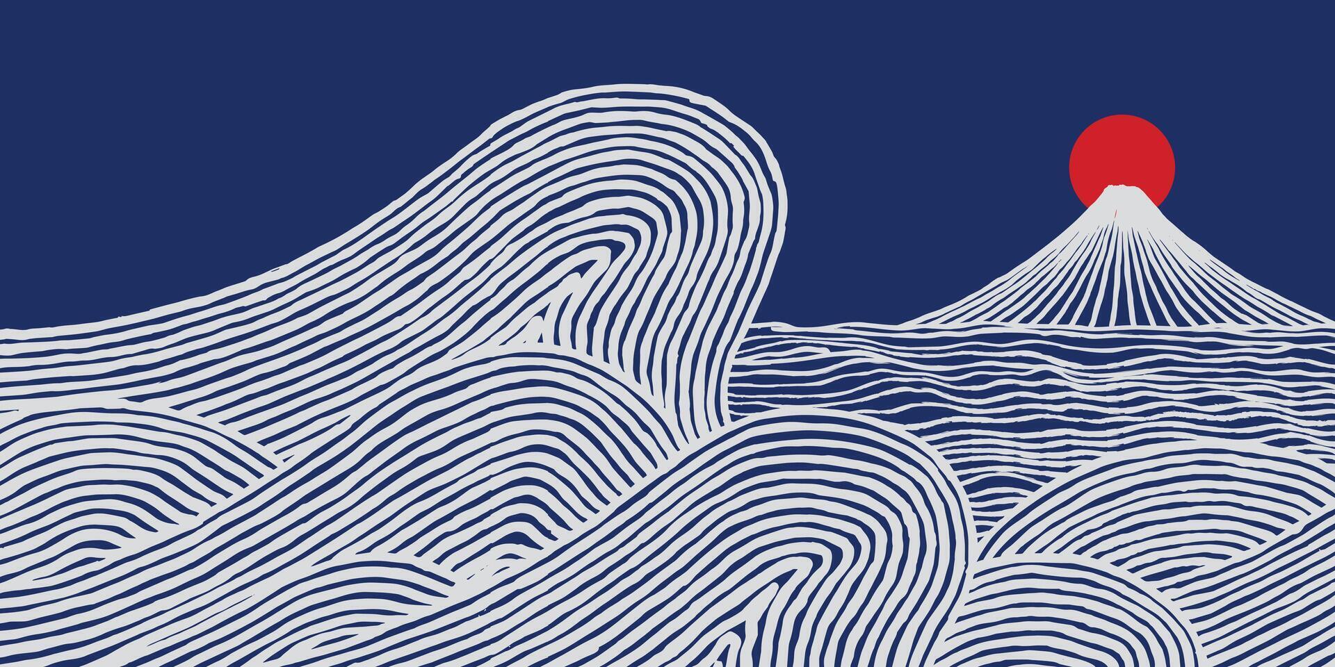 Hand drawn brush lines abstract waves and water with Fuji mountain panorama background, Japanese folk, ethnic wood carving, block print texture banner, simple graphic for textile, decoration vector