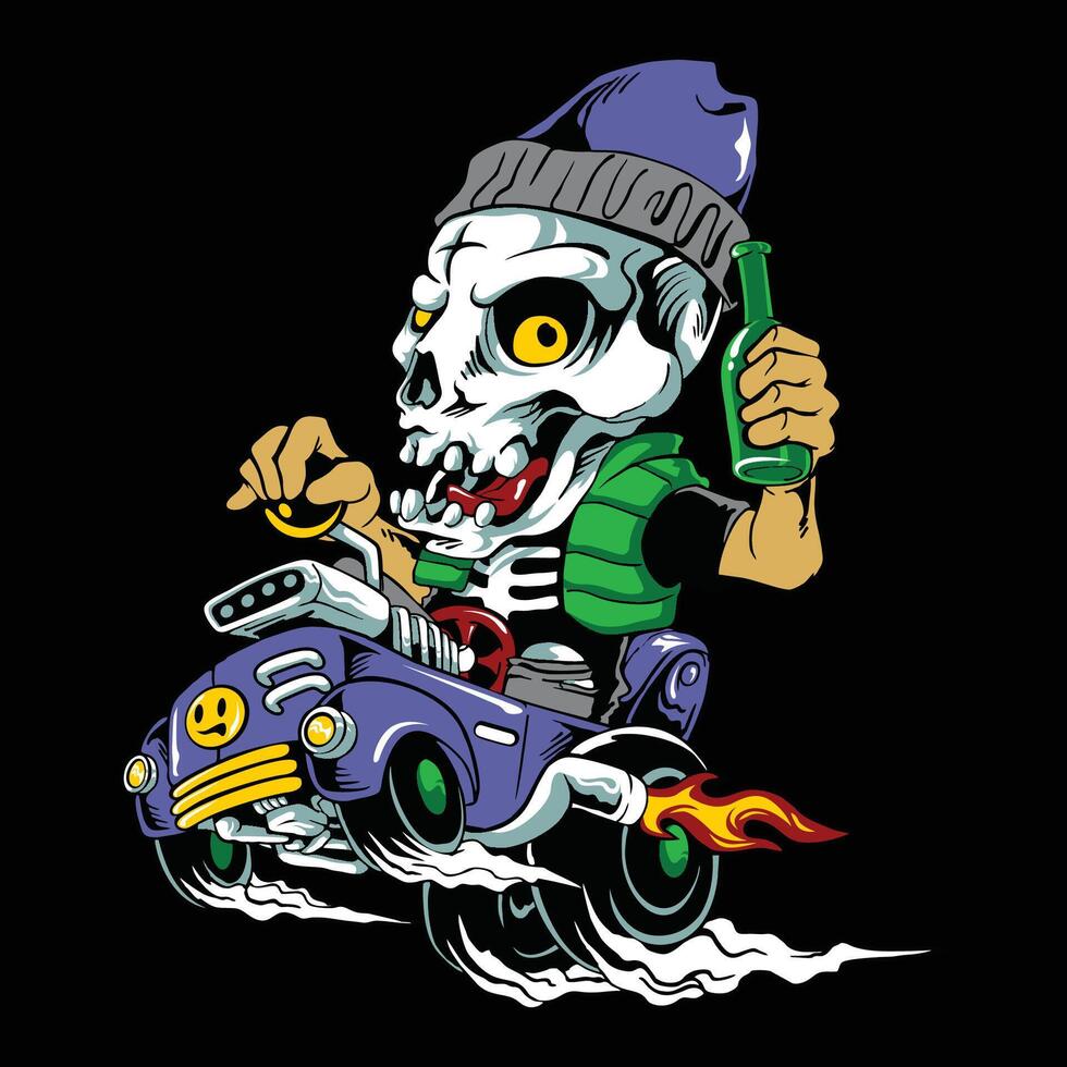 skull boy drunk driving mascot vector