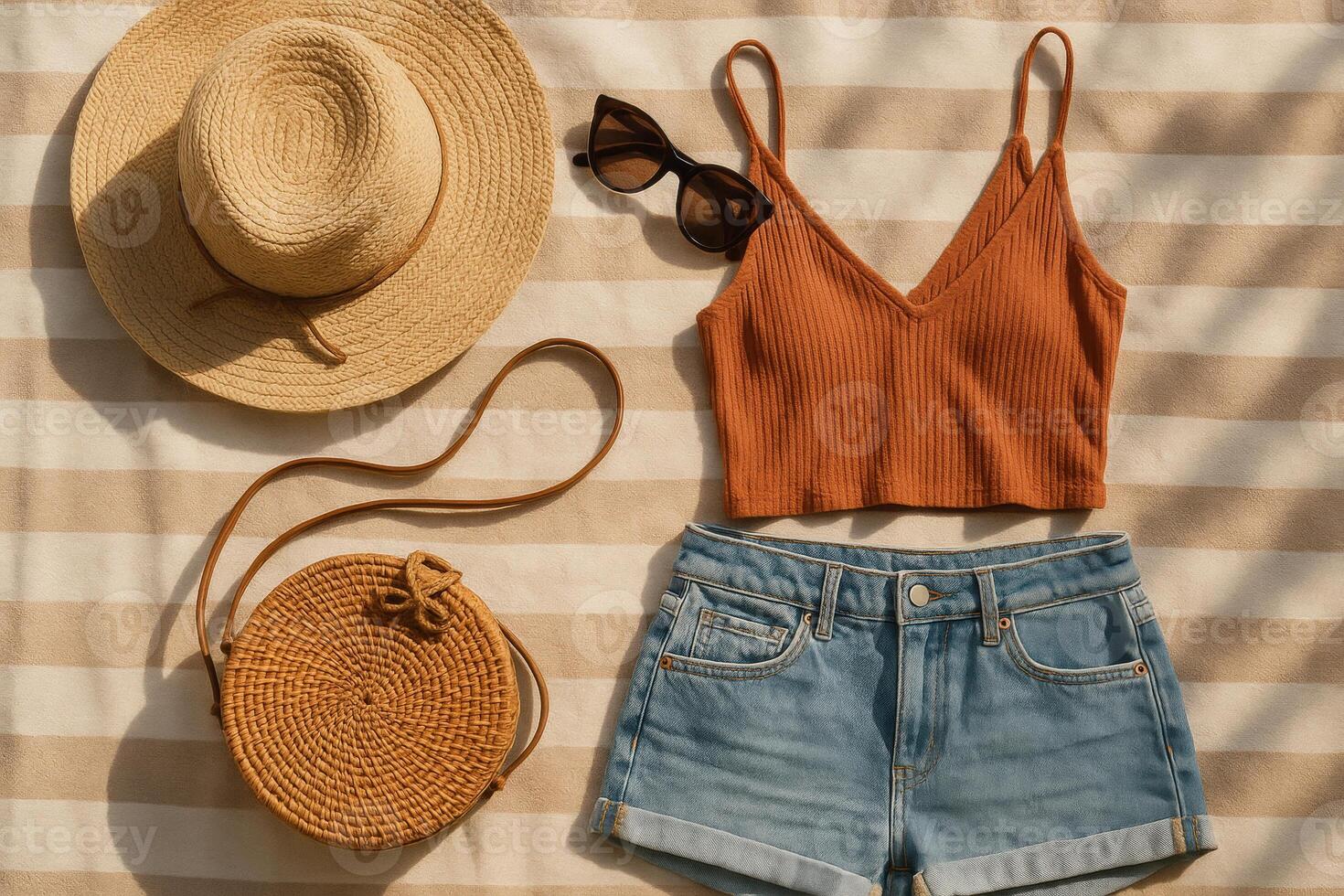 Boho Summer Essentials. Chic Straw Accessories and Casual Attire for Stylish Outings photo