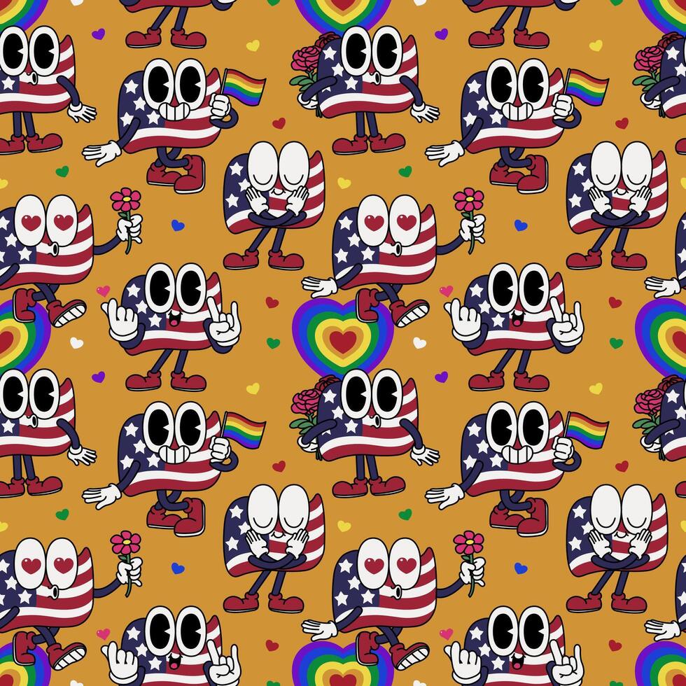 Patriotic American Flag USA whimsical retro cartoon character mascot 4th of July pride month seamless pattern vector