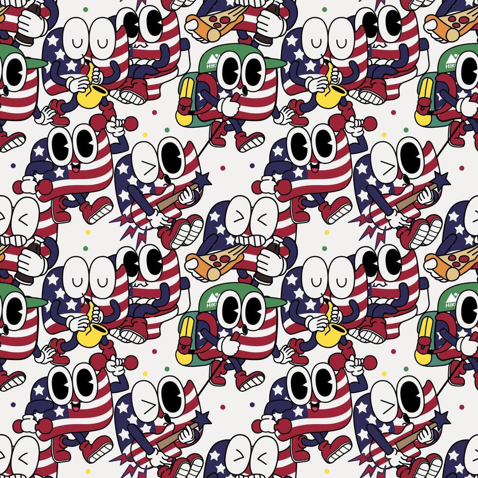 Patriotic American Flag USA whimsical retro cartoon character mascot 4th of July activities seamless pattern vector