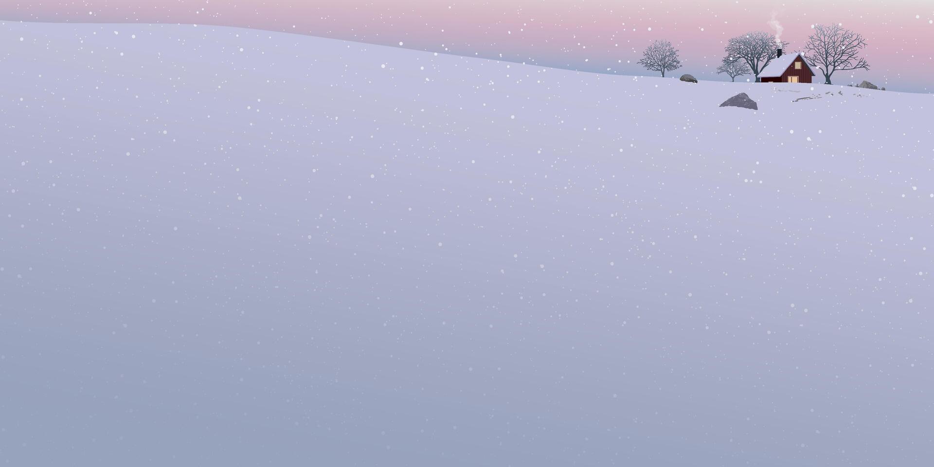 Snowfall in minimalist snowscape with silhouette lonely country house and leafless trees on the hill covered by snow have dramatic sky behind graphic illustration. vector