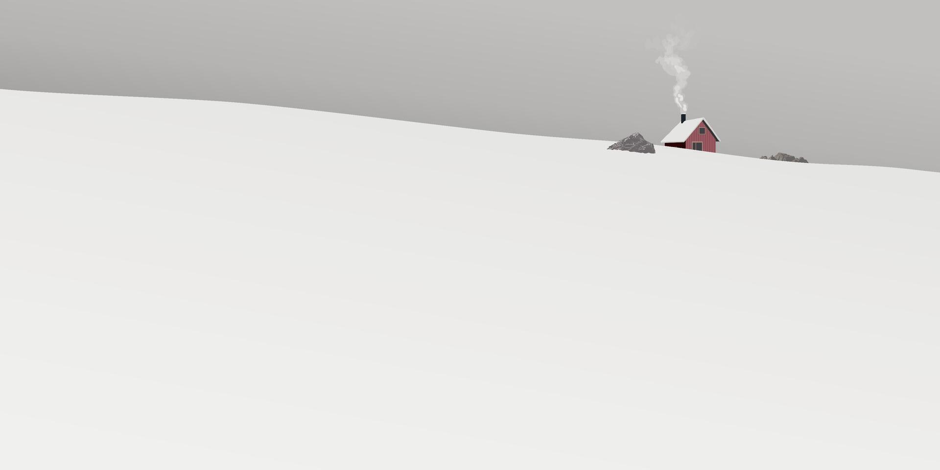 Minimalist snowscape with lonely country house on the hill covered by white snow have dusk sky background graphic illustration. vector