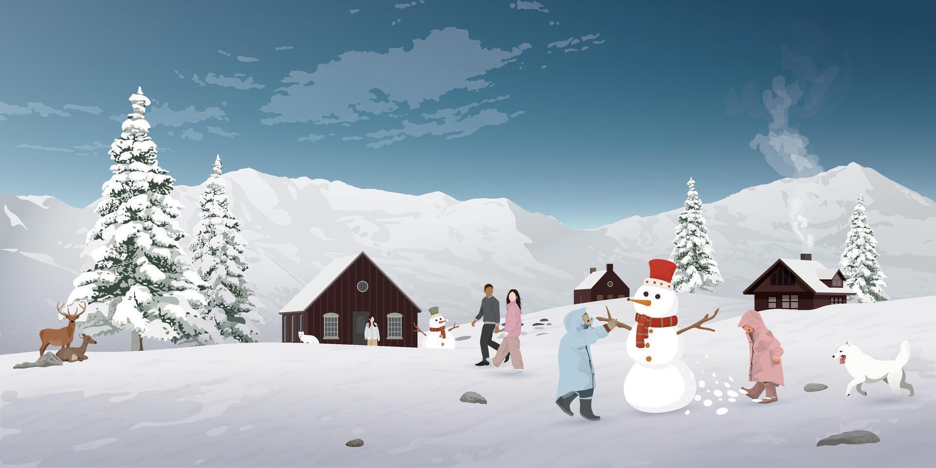 Winter landscape with small town have people playing snow outside graphic illustration. Merry Christmas and Happy New Year greeting card template. vector