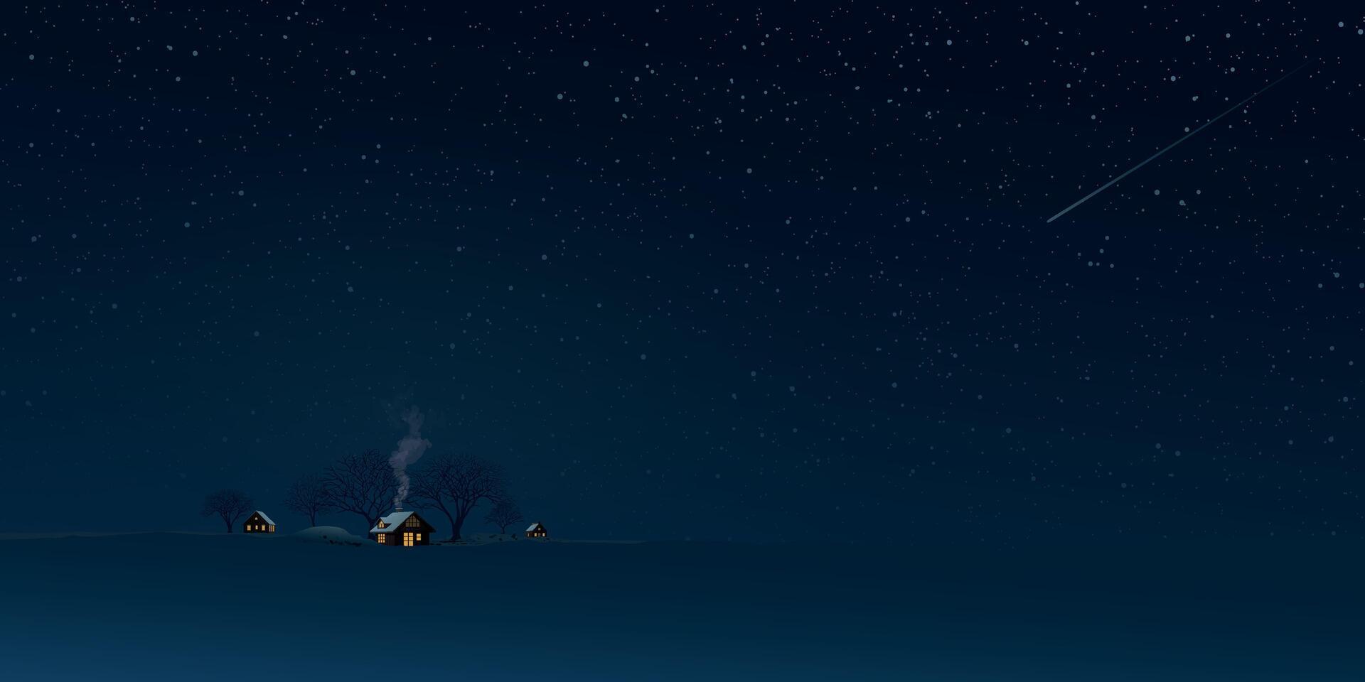 Night at countryside landscape with small town and leafless trees have a lot of stars in the sky background graphic illustration. vector