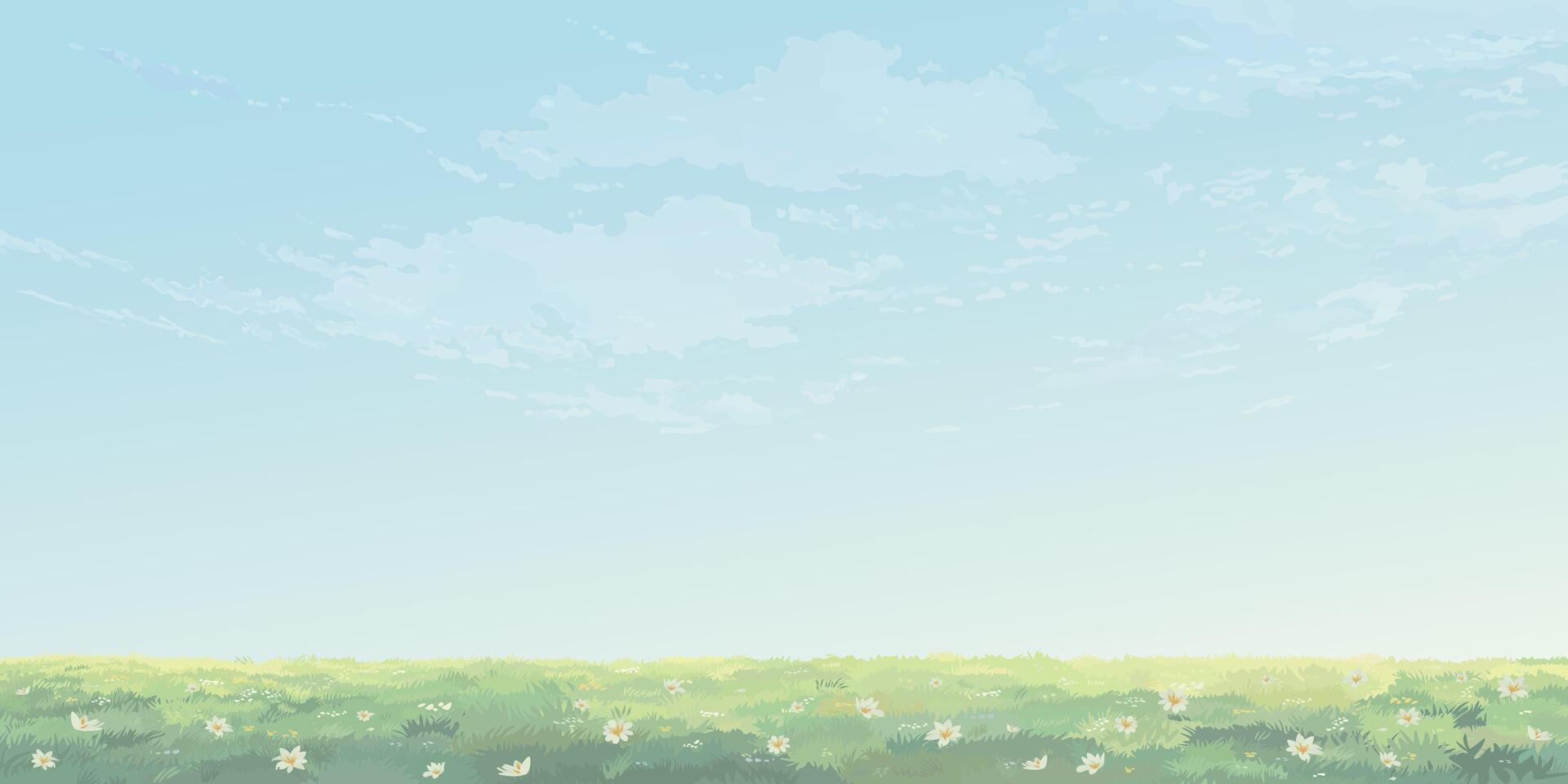 minimalist pastel grass field and white flowers landscape with blue sky background graphic illustration have blank space. vector