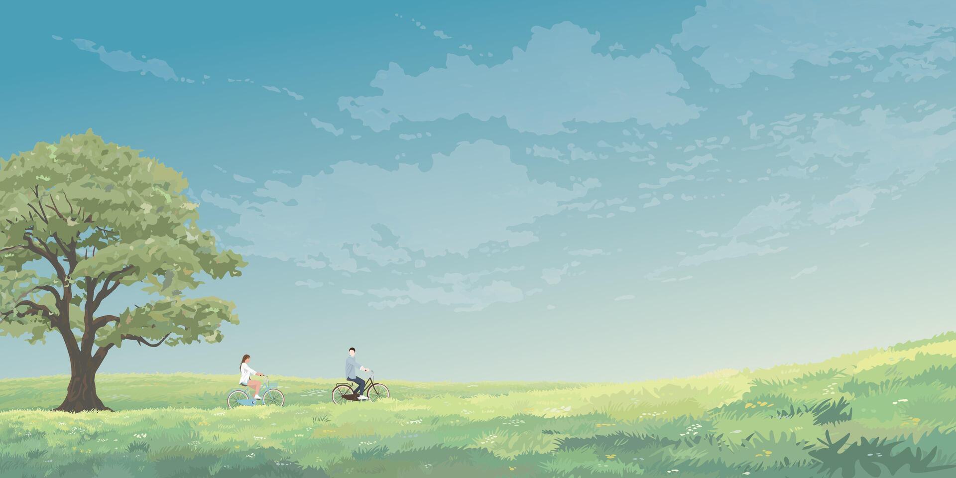 Minimalist grass field hill landscape with a big tree have couple of lover riding bicycle together in spring season graphic illustration have blank space. vector