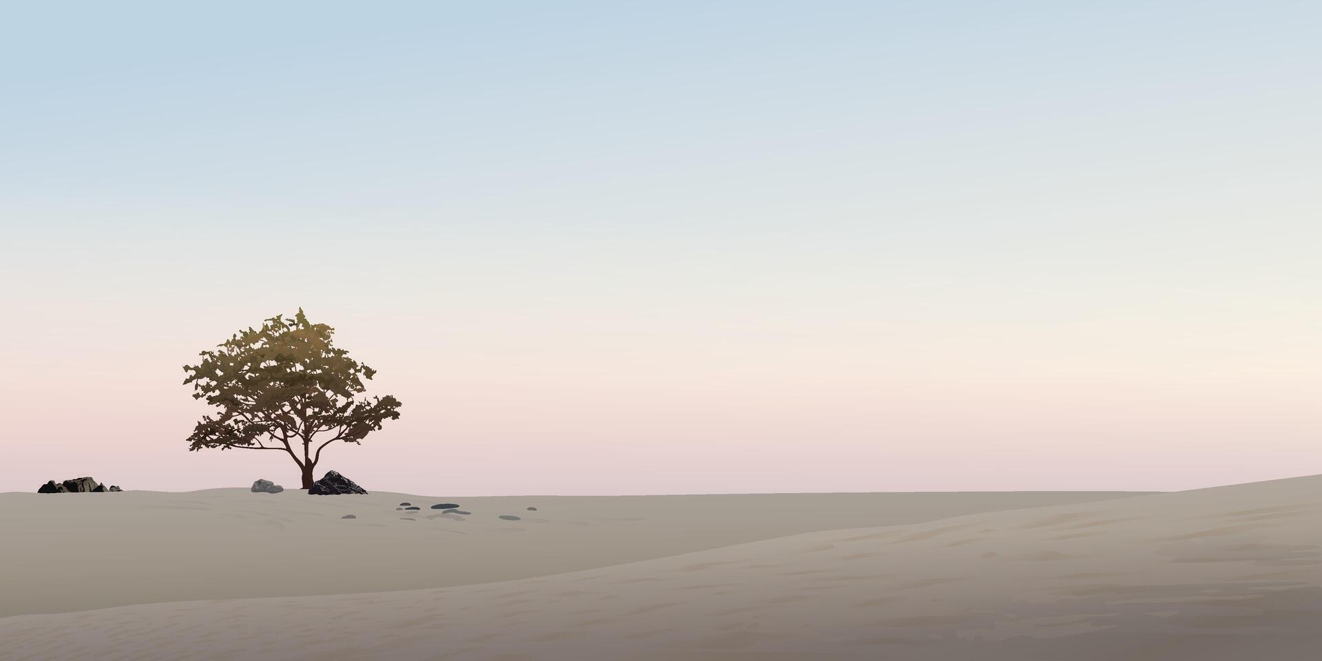 Silhouette tree in the middle of dried land with vanilla sky background graphic illustration have blank space. vector