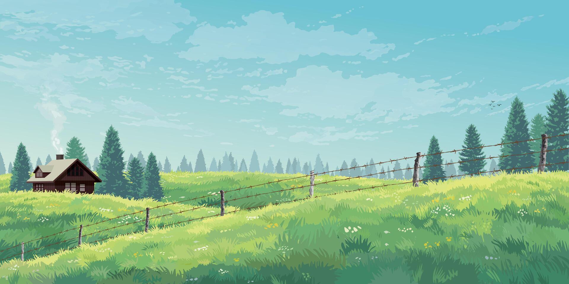 Country house in the middle of grass field hill in with barbed wire fence in front and pine forest far away have blue sky background graphic illustrated. vector