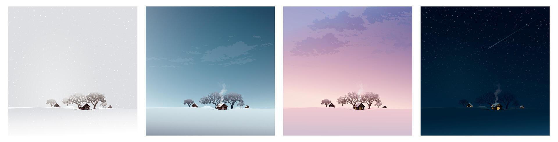 Set of minimalist countryside snowscape with small town and leafless trees at different times of the day graphic illustration. vector