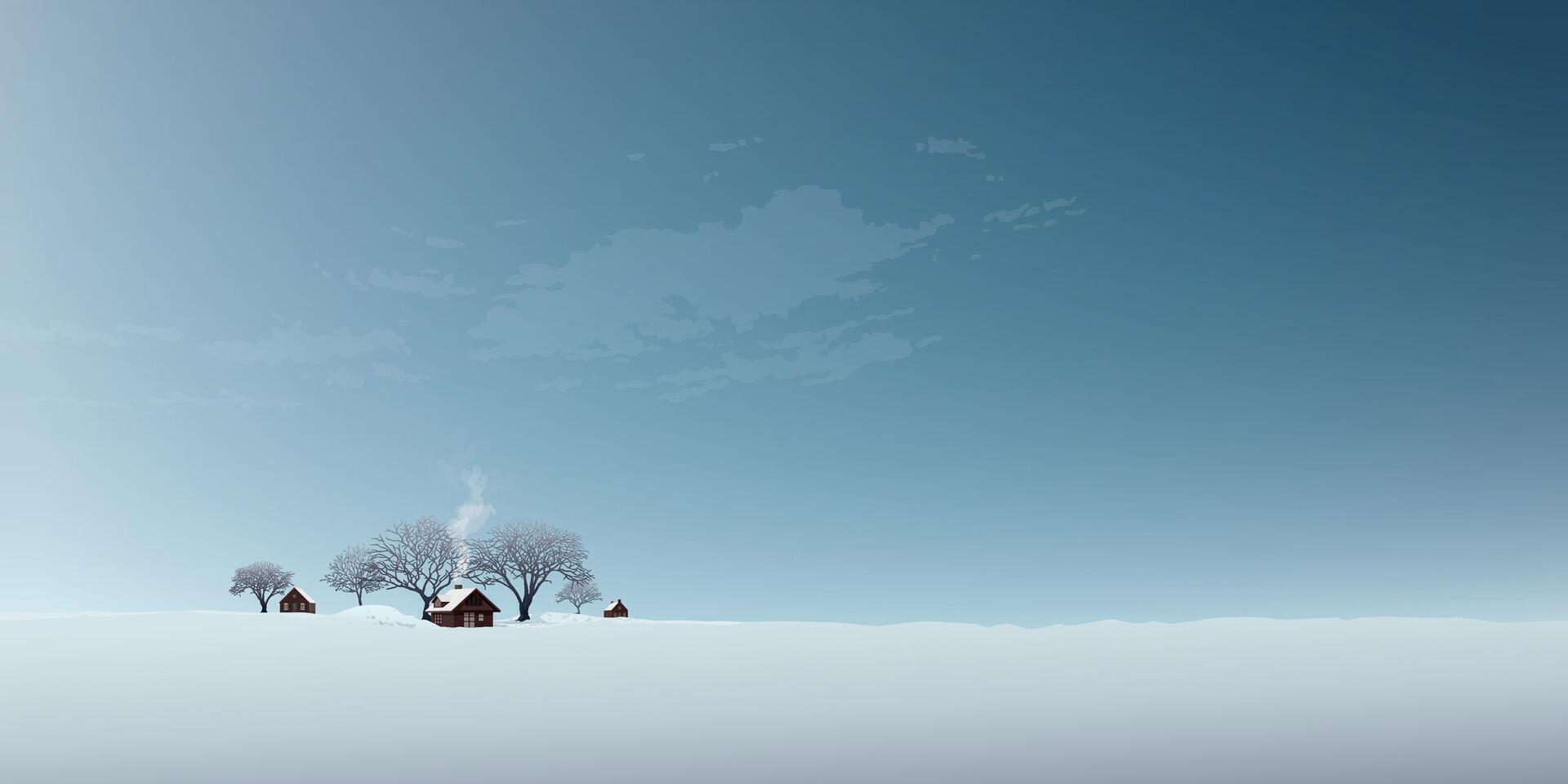Minimalist countryside snowscape with small town and leafless trees have blue sky background graphic illustration. vector