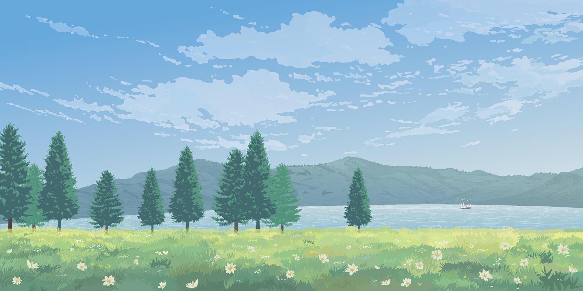 The lakeside landscape with pine forest and mountain ranges have blue sky background graphic illustration. vector