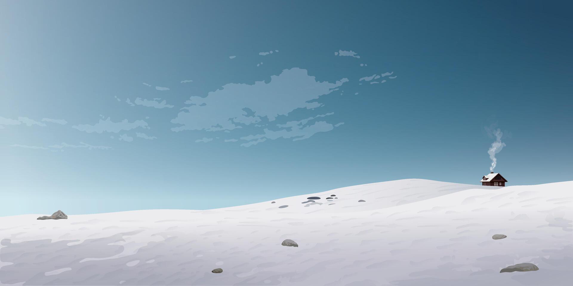 Minimalist snowscape with a cottage on hill in a day with clear skies graphic illustration have blank space. vector