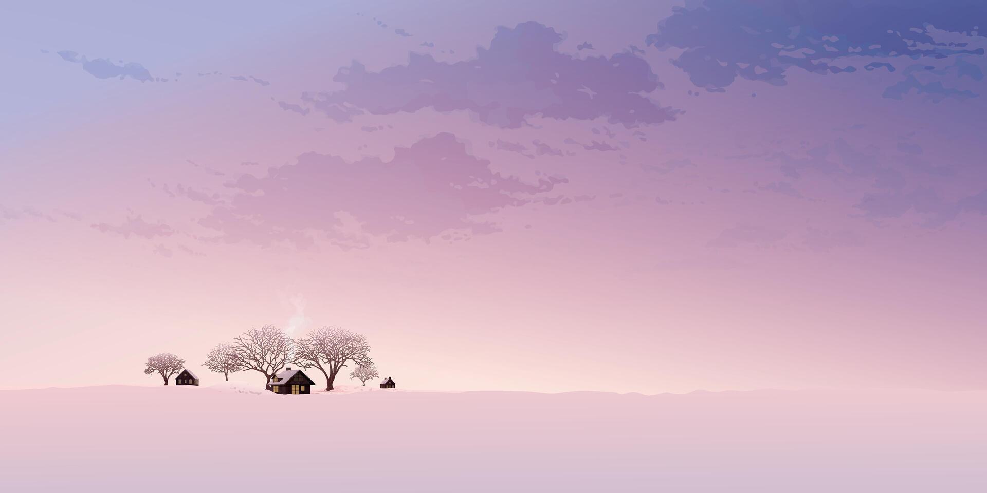 Silhouette small town and leafless trees in the middle of countryside landscape covered by snow have twilight sky background graphic illustration. vector